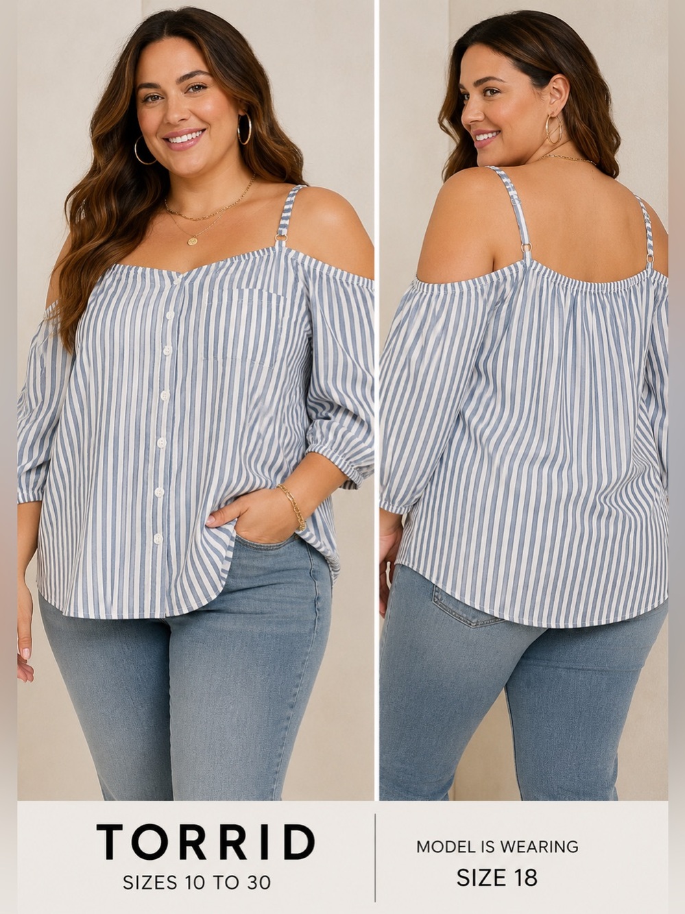 TORRID Blue & White Striped Cold-Shoulder Button Top 2X